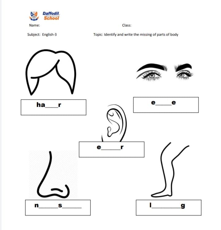 worksheet on parts of body